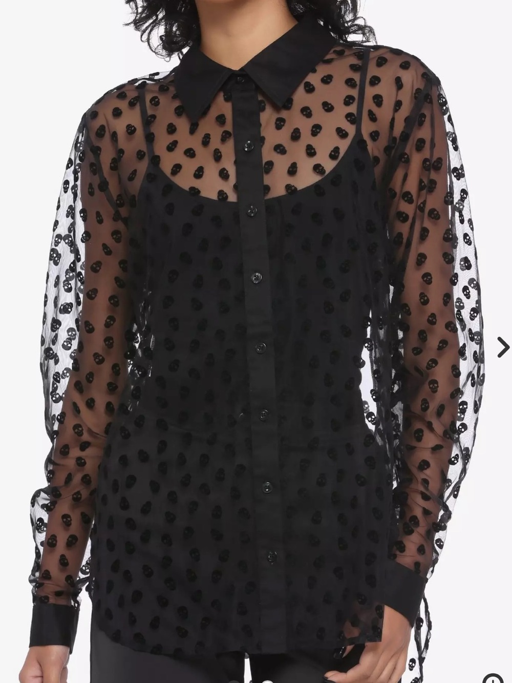 Hot Topic Sheer Skull Graphic Long Sleeve Button Down Shirt Alt Goth Punk Top M